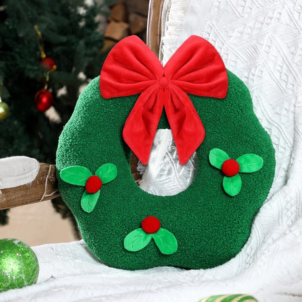2612 Christmas Wreath Pillow 13 Inch, Soft Plush Xmas Decorative Throw